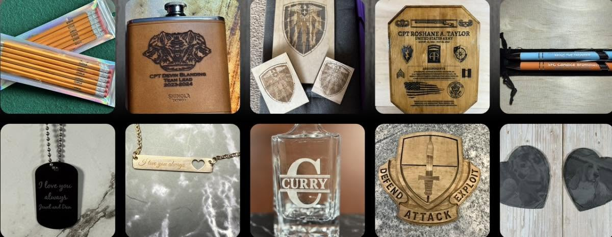 Collection of engraved pencils, flask, wooden plaques, pens, jewelry, glass bottle, and heart-shaped keepsakes
