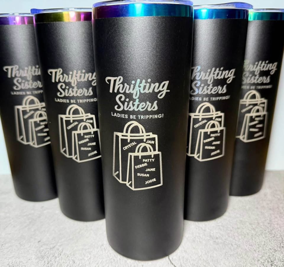 Thrifting Sisters group tumblers with a custom shopping design